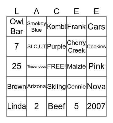 Lacee's Shower Bingo Card