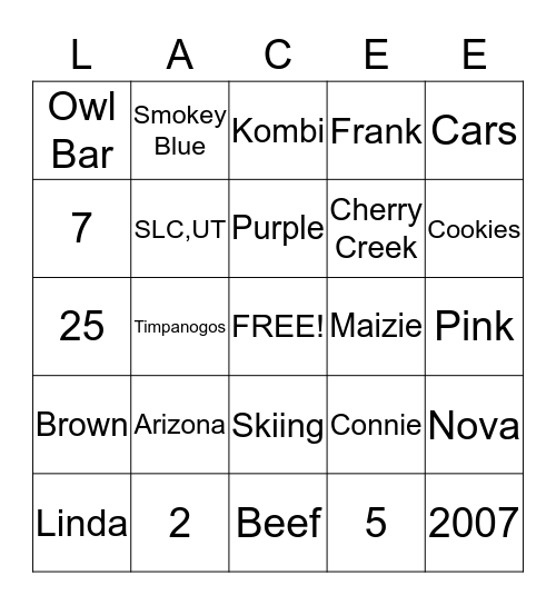 Lacee's Shower Bingo Card