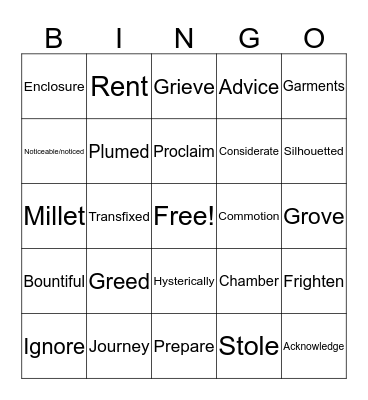 Vocabulary Words Bingo Card