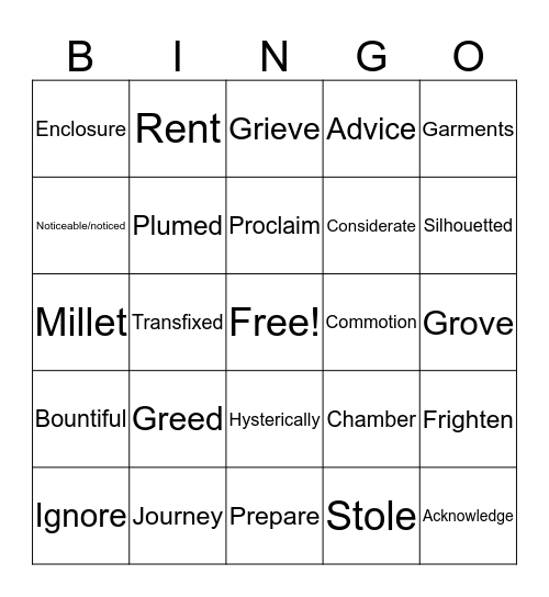 Vocabulary Words Bingo Card