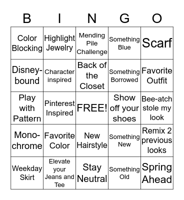 Wardrobe Bingo Card