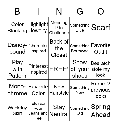 Wardrobe Bingo Card