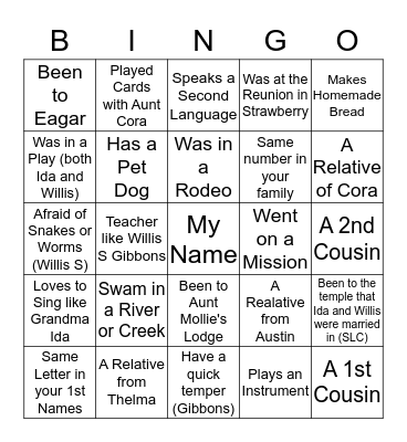 GIBBONS REUNION BINGO Card