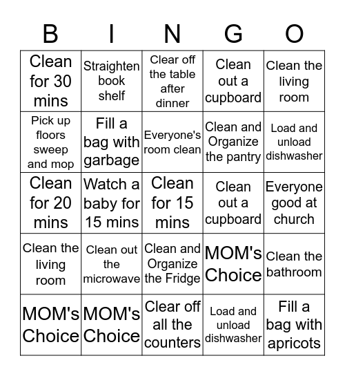 Chore Bingo Card