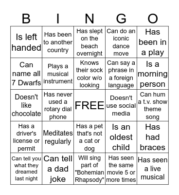 People BINGO! Find someone who... Bingo Card