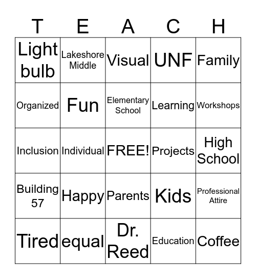 UNF Special Education Family Resource Center Bingo Card