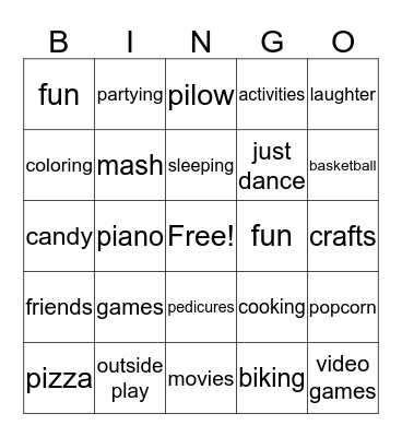 sleepover fun Bingo Card