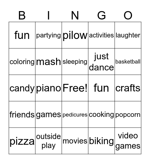 sleepover fun Bingo Card