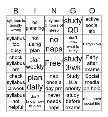 Nursing School Survival Bingo Card