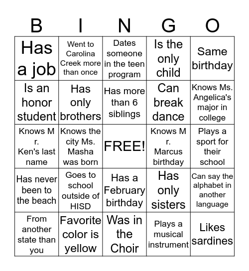 Teen Room Bingo Card