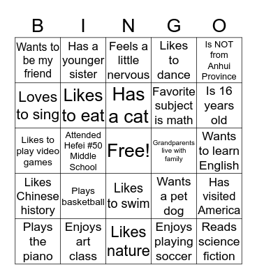 Let's Make Friends at Xinhua Academy! Bingo Card