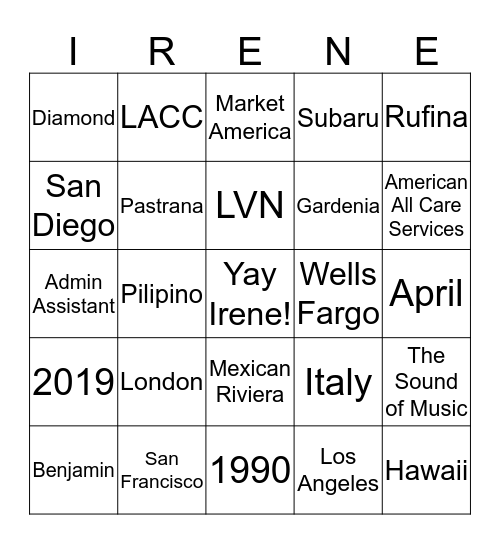 IRENE-GO! Bingo Card