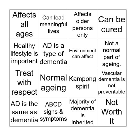 Dementia Awareness BINGO! Bingo Card