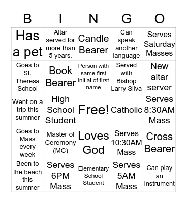 Altar Server Bingo Card