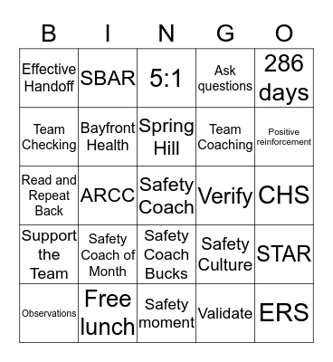 Safety Coach Bingo Card