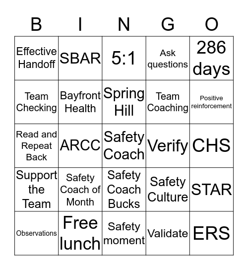 Safety Coach Bingo Card