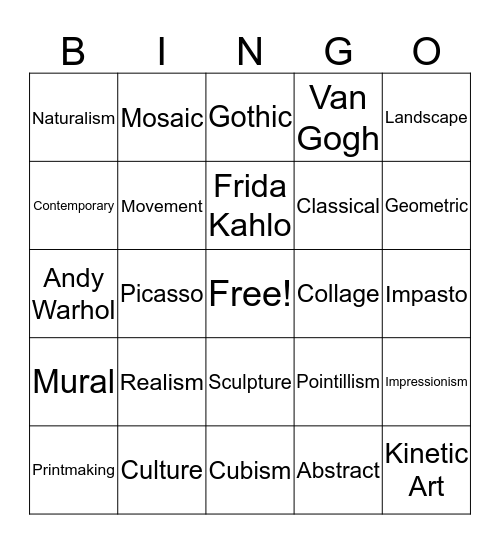 Art History & Movements  Bingo Card