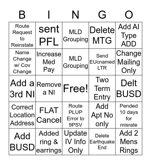 PT BINGO  Bingo Card