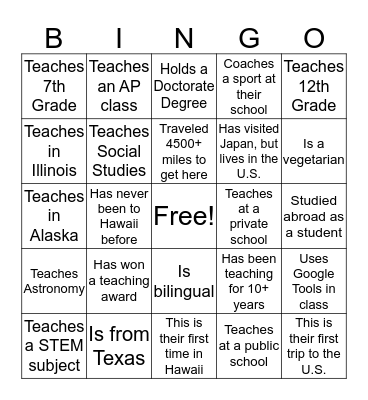2019 Japan-U.S. ICT Teacher Exchange Program Bingo Card