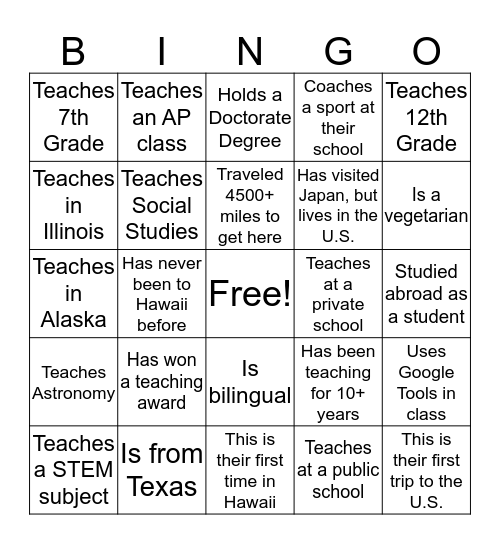2019 Japan-U.S. ICT Teacher Exchange Program Bingo Card