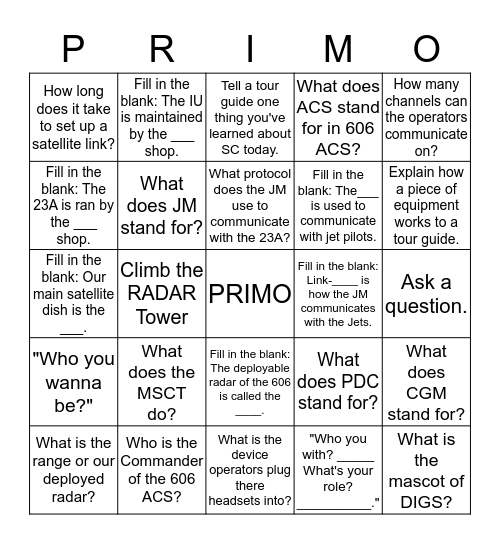 PRIMO Bingo Card