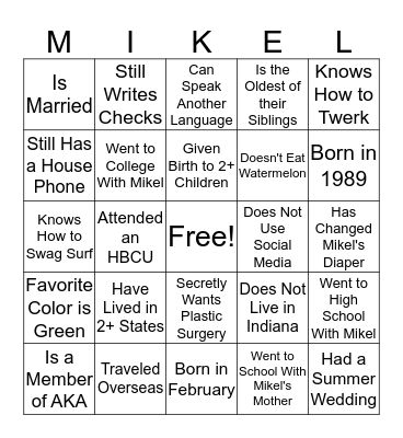 Mikel's Bingo Card