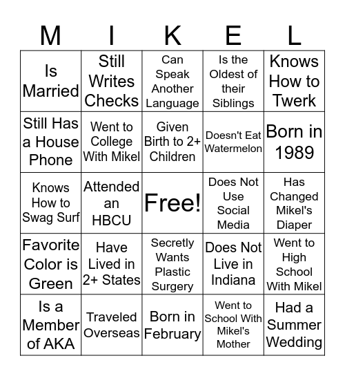 Mikel's Bingo Card