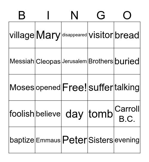 The Road to Emmaus Bingo Card