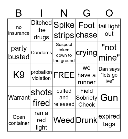 Live PD Bingo Card