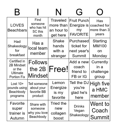 B E A C H B O D Y Bingo Card