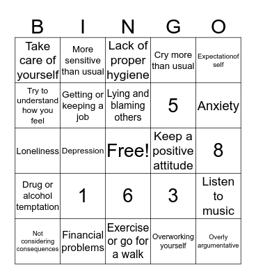 Coping Skills Bingo Card