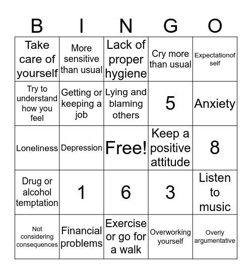 Coping Skills Bingo Card