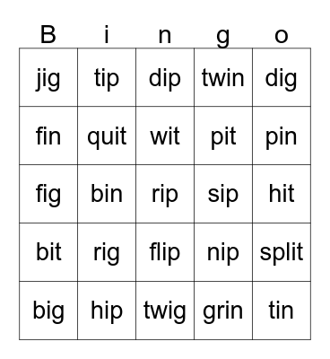 Short I sounds Bingo Card