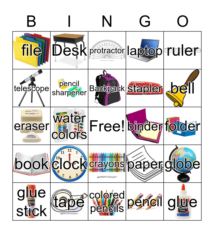 School Supplies Bingo Card