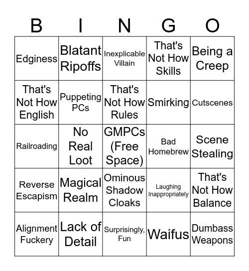 Bad GM Bingo Card