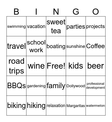 Teacher's Summer Bingo Card