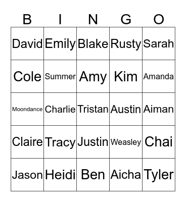 names & people Bingo Card