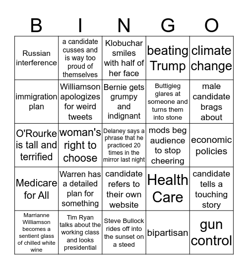 Dem Debate Bingo Card