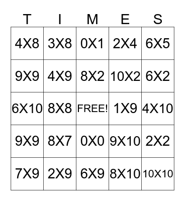 Multiplication Bingo Card