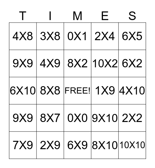 Multiplication Bingo Card