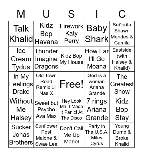 Forever Young Music Bingo Card
