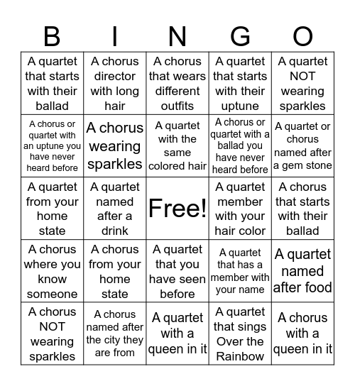 Barbershop Bingo- You must put the name for each answer, each performing group can only be used once Bingo Card