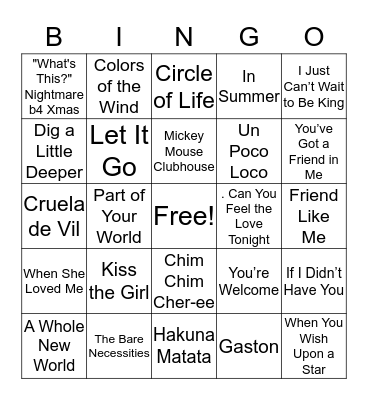 Disney Bingo by War  Bingo Card