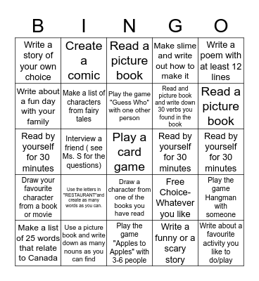 Summer School Bingo Challenge  Bingo Card