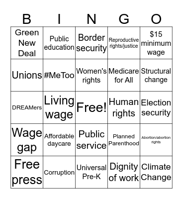 Democratic Debate Bingo Card