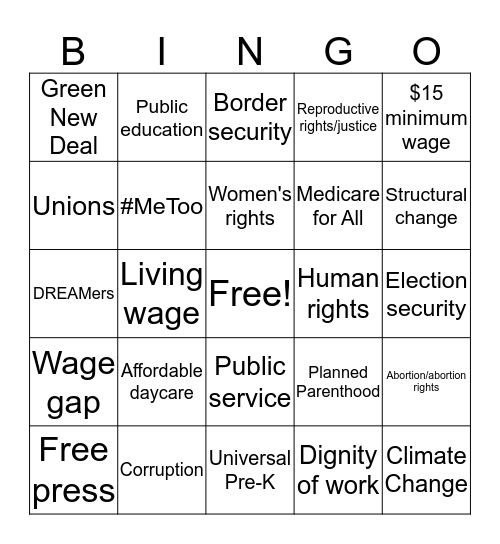 Democratic Debate Bingo Card