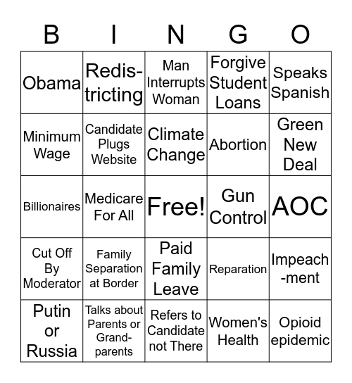 Democrats Presidential Debate -- July 2019 Bingo Card