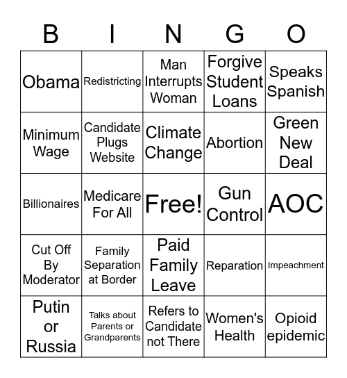Democrats Presidential Debate July 2019 Bingo Card