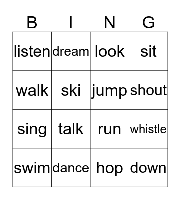 Action Verbs Bingo Card