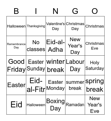 Muslim Holidays and more Holidays Bingo Card